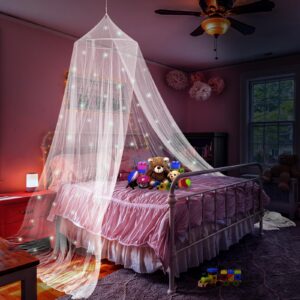 Daksha Princess Bed Canopy for Girls with Glowing Stars, Bed Curtains for Kids, Ceiling Tent, White Room Decor, Fits Twin, Full and Queen Size Beds