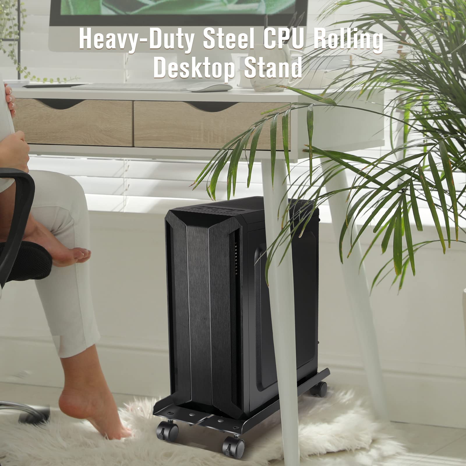 Metal Computer Tower Stand, Heavy Duty Mobile CPU Stand, CPU Holder Cart Under Desk, Width Adjustable Desktop Stand with Rolling Caster Wheels, PC Tower Stand Holder Fits Most Gaming PC Case - Black