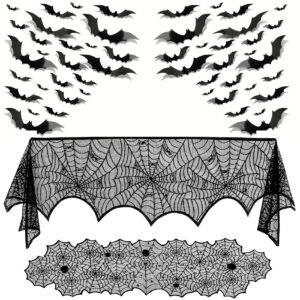 3 pack halloween decorations sets, black lace spider webs table runner & halloween cobweb fireplace scarf with 120 pcs 3d bat for halloween indoor decors party supplies