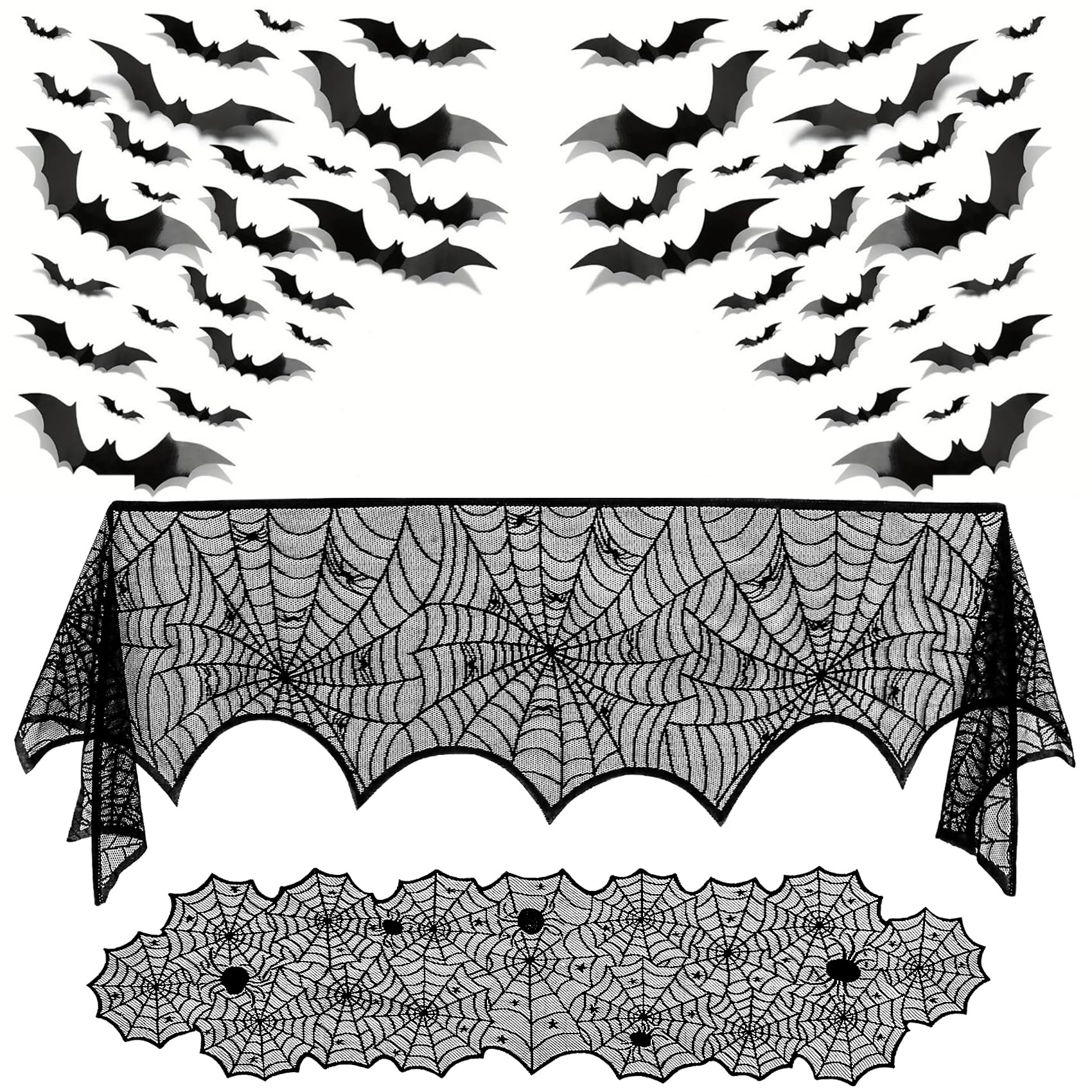 3 Pack Halloween Decorations Sets, Black Lace Spider Webs Table Runner & Halloween Cobweb Fireplace Scarf with 120 pcs 3D Bat for Halloween Indoor Decors Party Supplies