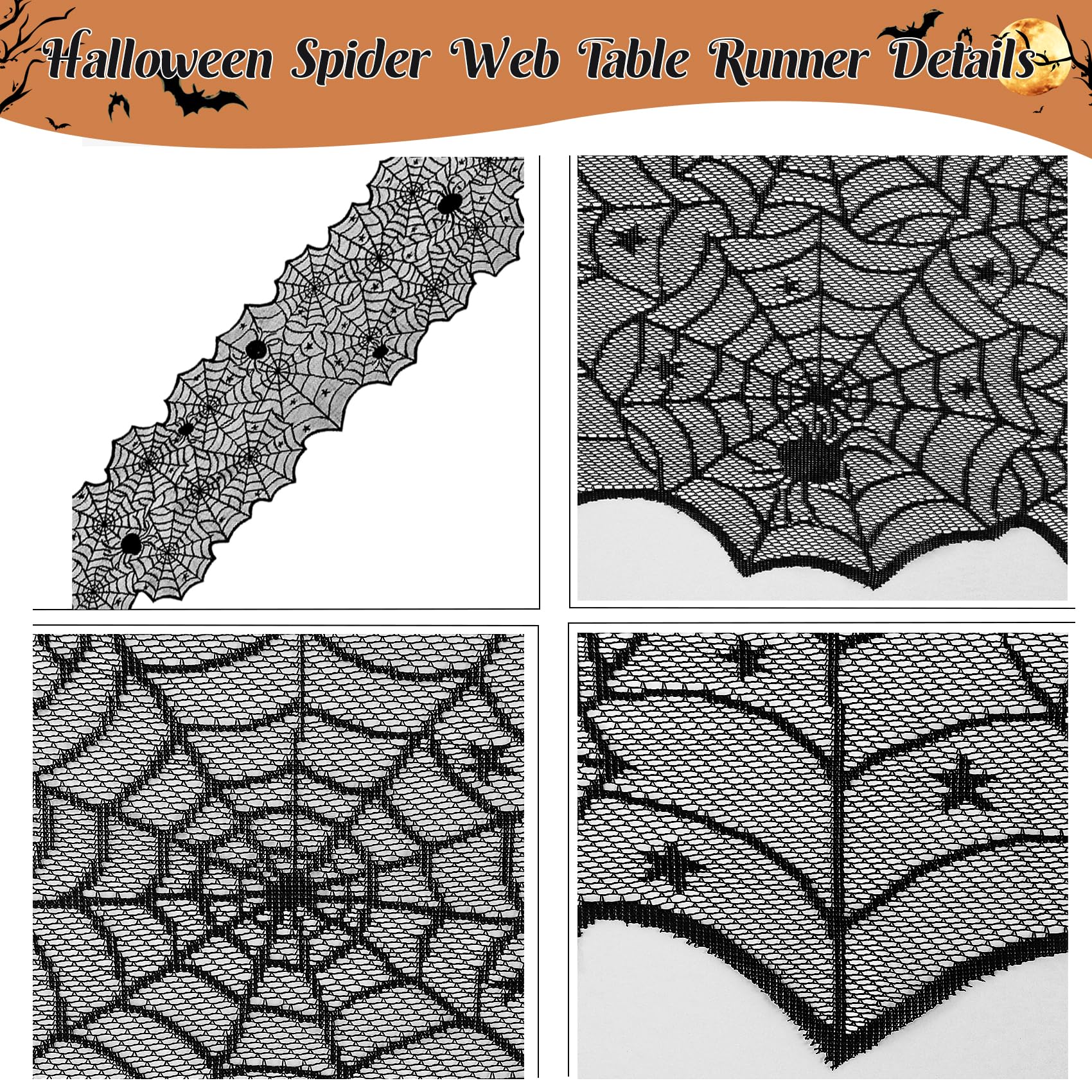 3 Pack Halloween Decorations Sets, Black Lace Spider Webs Table Runner & Halloween Cobweb Fireplace Scarf with 120 pcs 3D Bat for Halloween Indoor Decors Party Supplies