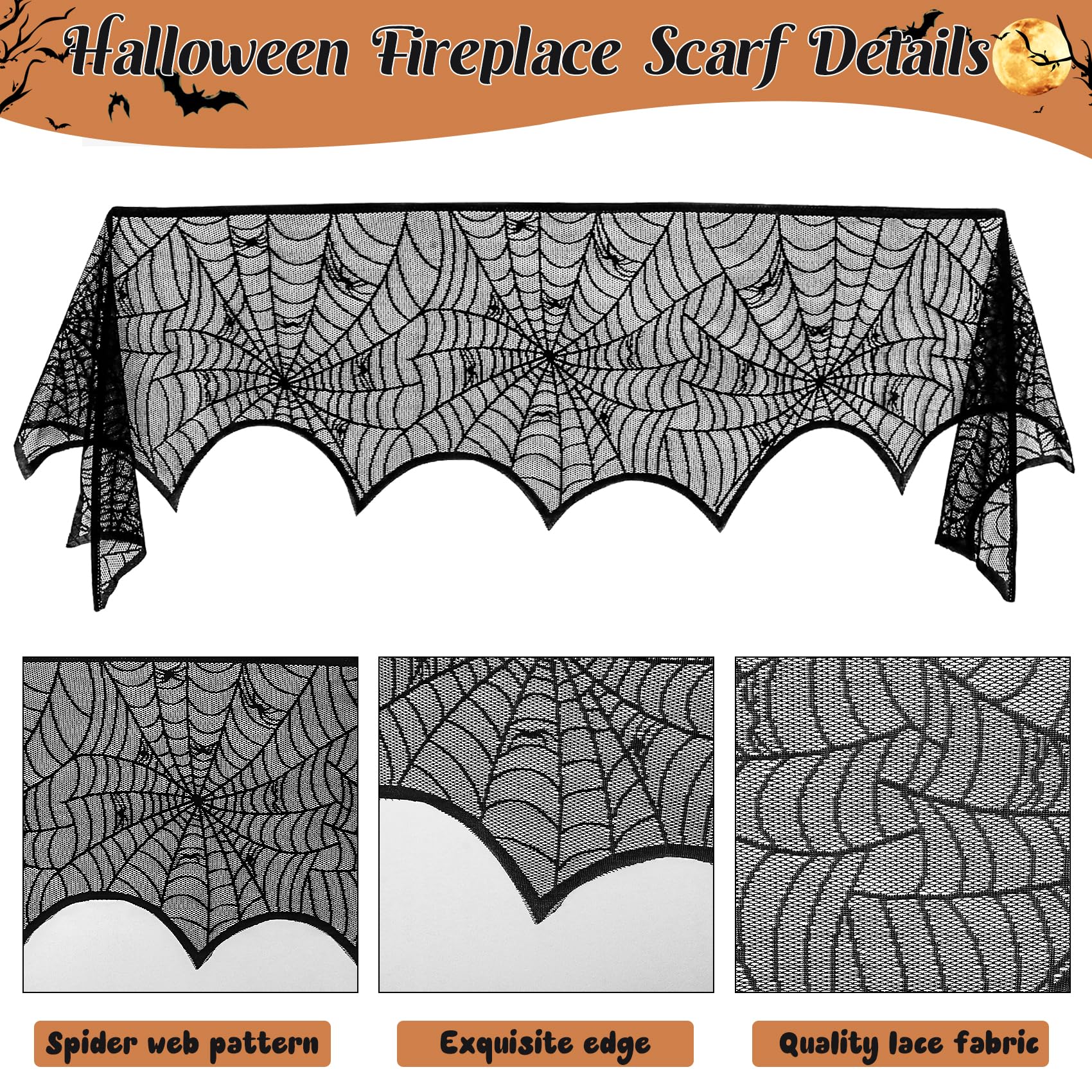 3 Pack Halloween Decorations Sets, Black Lace Spider Webs Table Runner & Halloween Cobweb Fireplace Scarf with 120 pcs 3D Bat for Halloween Indoor Decors Party Supplies