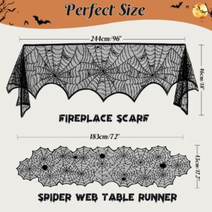 3 Pack Halloween Decorations Sets, Black Lace Spider Webs Table Runner & Halloween Cobweb Fireplace Scarf with 120 pcs 3D Bat for Halloween Indoor Decors Party Supplies