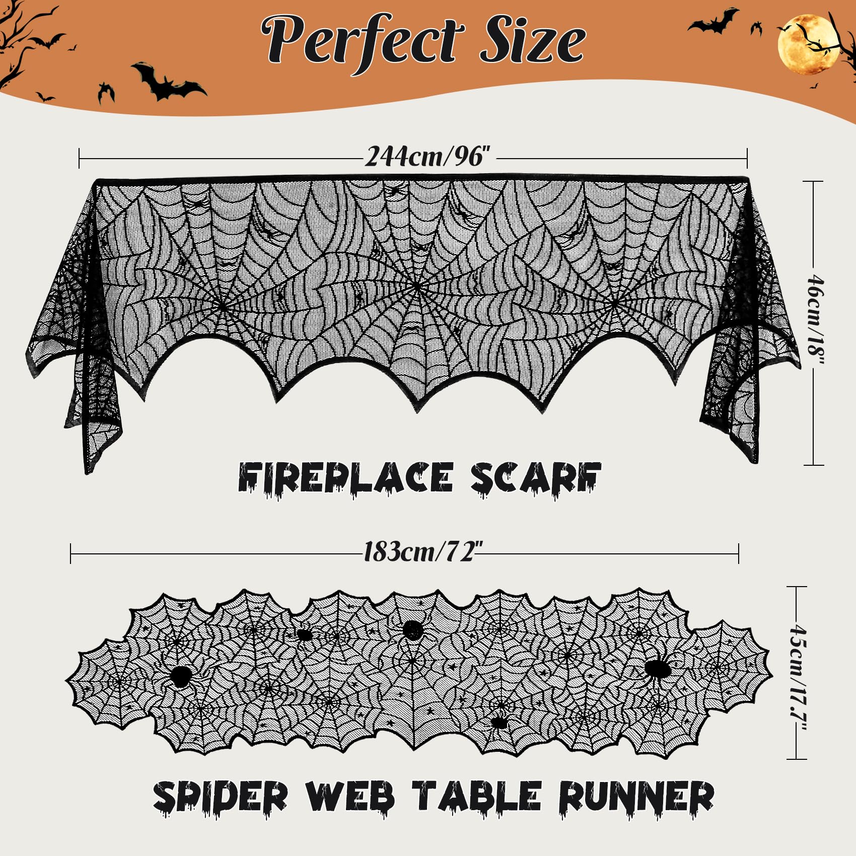 3 Pack Halloween Decorations Sets, Black Lace Spider Webs Table Runner & Halloween Cobweb Fireplace Scarf with 120 pcs 3D Bat for Halloween Indoor Decors Party Supplies