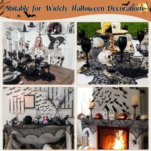 3 Pack Halloween Decorations Sets, Black Lace Spider Webs Table Runner & Halloween Cobweb Fireplace Scarf with 120 pcs 3D Bat for Halloween Indoor Decors Party Supplies