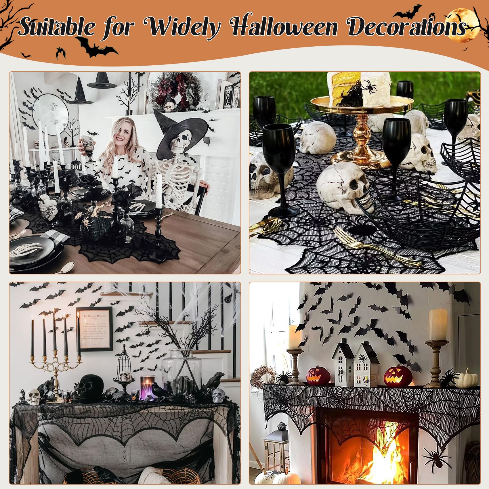 3 Pack Halloween Decorations Sets, Black Lace Spider Webs Table Runner & Halloween Cobweb Fireplace Scarf with 120 pcs 3D Bat for Halloween Indoor Decors Party Supplies