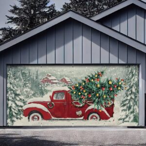 ganeen 6x13 ft christmas outdoor red truck garage door banner large winter forest pine trees snowy backdrop holiday background sign for xmas garage door wall decoration props gifts