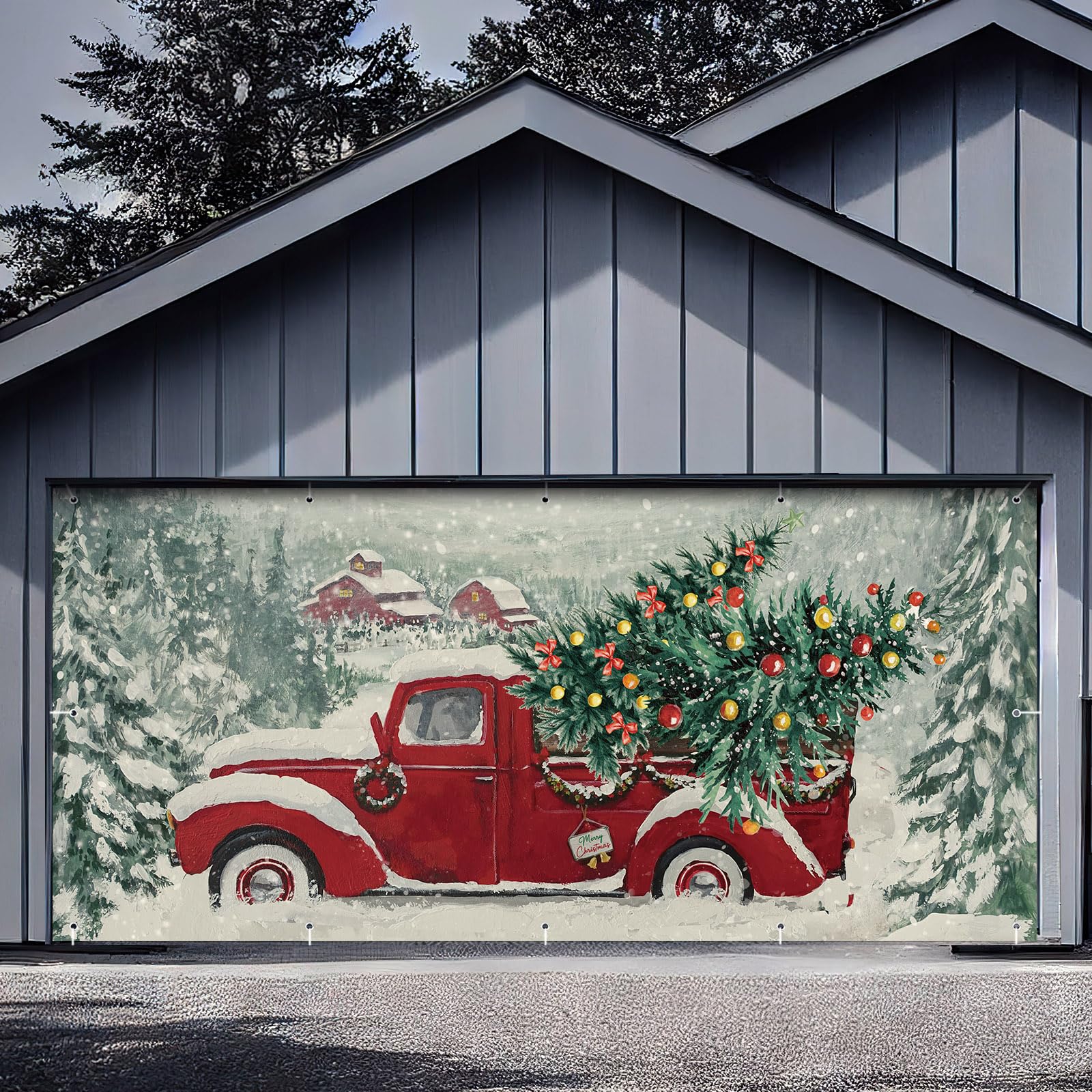 Ganeen 6x13 ft Christmas Outdoor Red Truck Garage Door Banner Large Winter Forest Pine Trees Snowy Backdrop Holiday Background Sign for Xmas Garage Door Wall Decoration Props Gifts