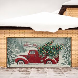 Ganeen 6x13 ft Christmas Outdoor Red Truck Garage Door Banner Large Winter Forest Pine Trees Snowy Backdrop Holiday Background Sign for Xmas Garage Door Wall Decoration Props Gifts