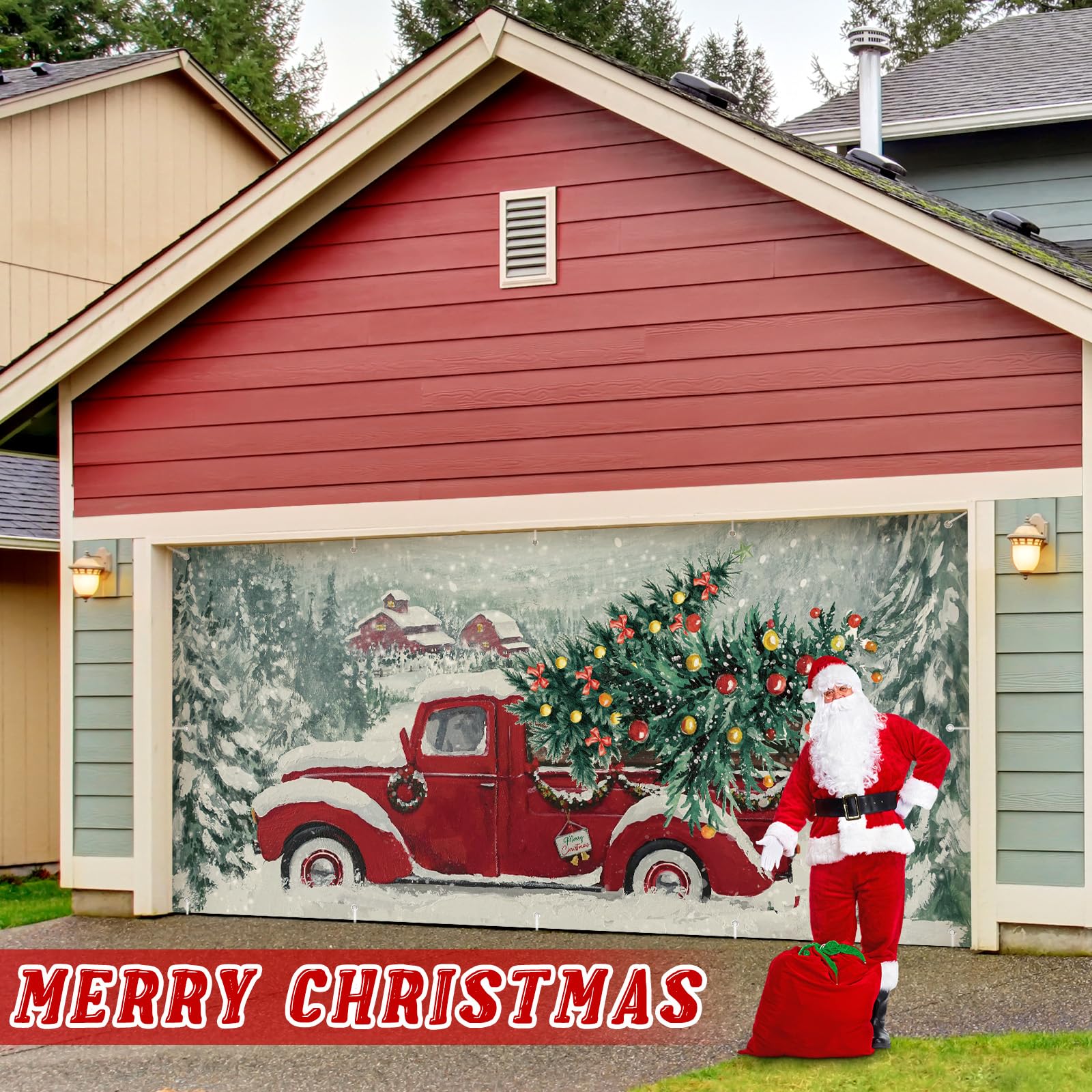 Ganeen 6x13 ft Christmas Outdoor Red Truck Garage Door Banner Large Winter Forest Pine Trees Snowy Backdrop Holiday Background Sign for Xmas Garage Door Wall Decoration Props Gifts