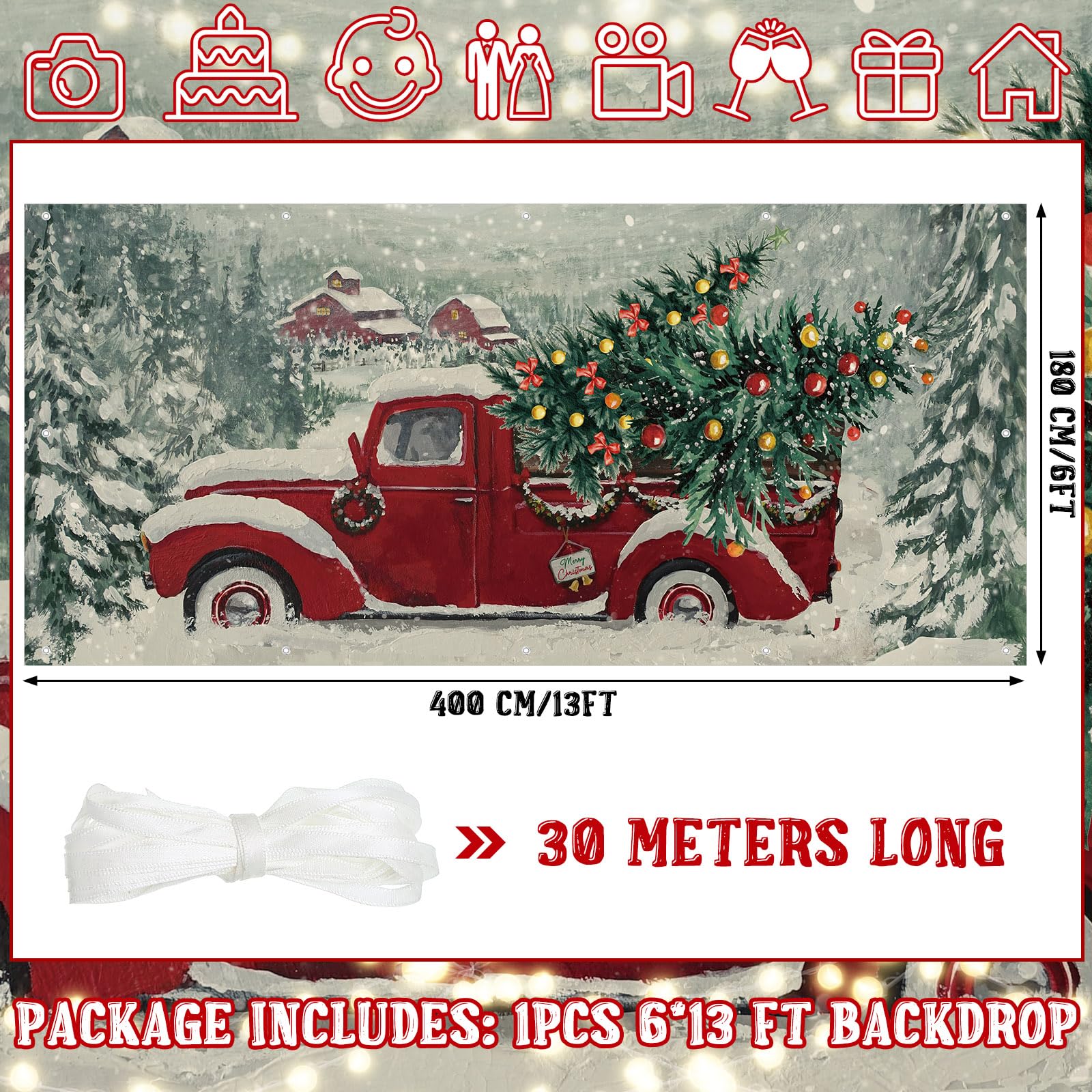 Ganeen 6x13 ft Christmas Outdoor Red Truck Garage Door Banner Large Winter Forest Pine Trees Snowy Backdrop Holiday Background Sign for Xmas Garage Door Wall Decoration Props Gifts