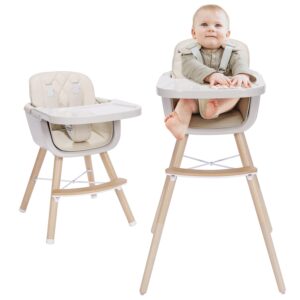 3-in-1 convertible wooden high chair,baby high chair with adjustable legs & dishwasher safe tray, made of sleek hardwood & premium leatherette, cream color