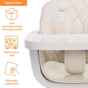 3-in-1 Convertible Wooden High Chair,Baby High Chair with Adjustable Legs & Dishwasher Safe Tray, Made of Sleek Hardwood & Premium Leatherette, Cream Color