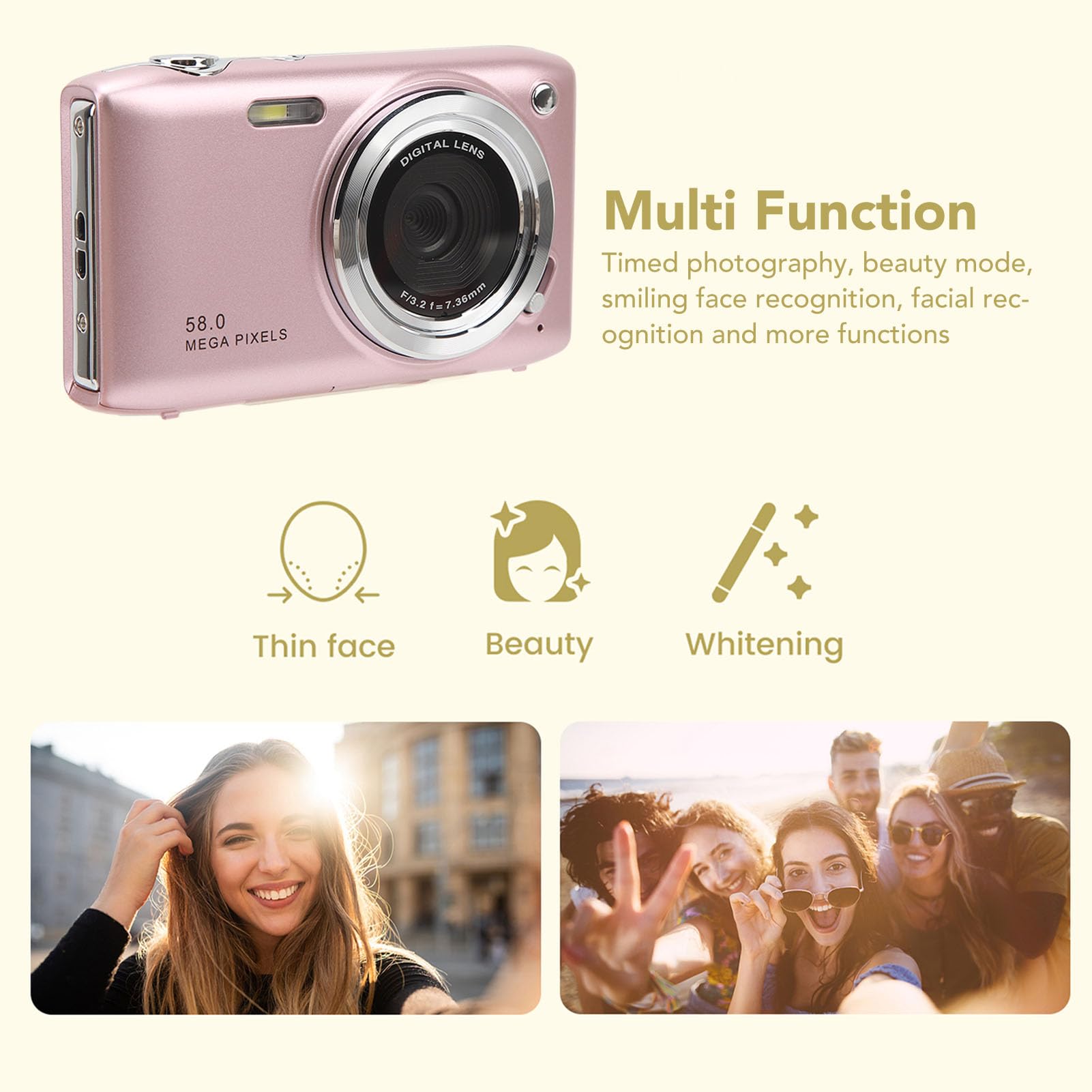 Digital Camera for Kids, 4K 1080P Digital Camera Video Camera 16X Digital Zoom, Compact Point and Shoot Camera Portable Small Camera for Teens Students Seniors, Gifts (Pink)