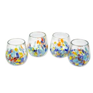 novica artisan handblown recycled ecofriendly stemless wine glasses vibrant from mexico multicolor clear tableware drinkware 'confetti gala' (set of 4)