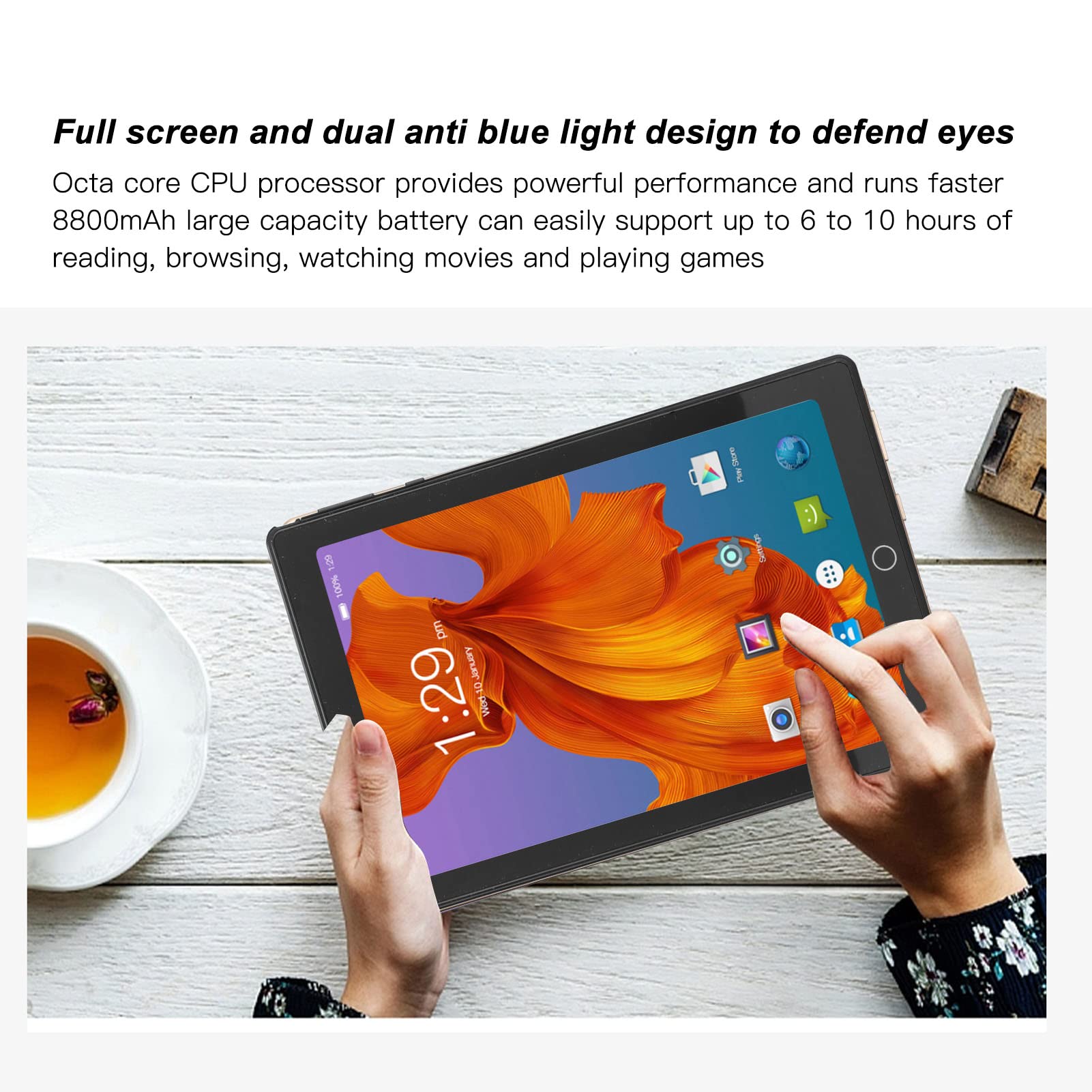 8 Inch Tablet, 100-240V Support Calling Calling Tablet Anti Blue Light 4GB RAM 64GB ROM Expandable Up to 128GB Black for Android 10.0 (US Plug)