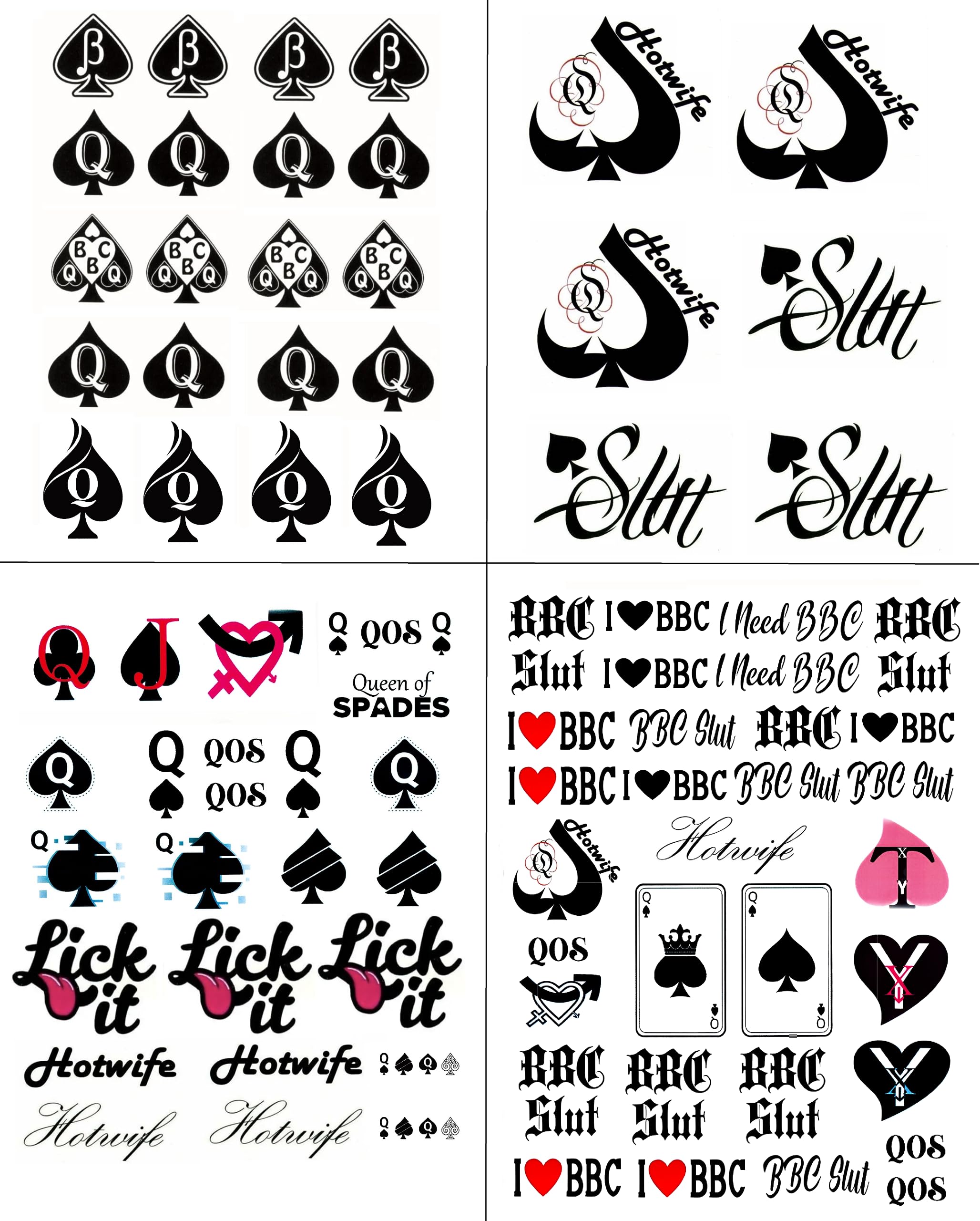 4 Sheets BBC Queen of Spades Temporary Tattoo Sticker Total 81(15X21cm) QoS Hardcore Words Phrases