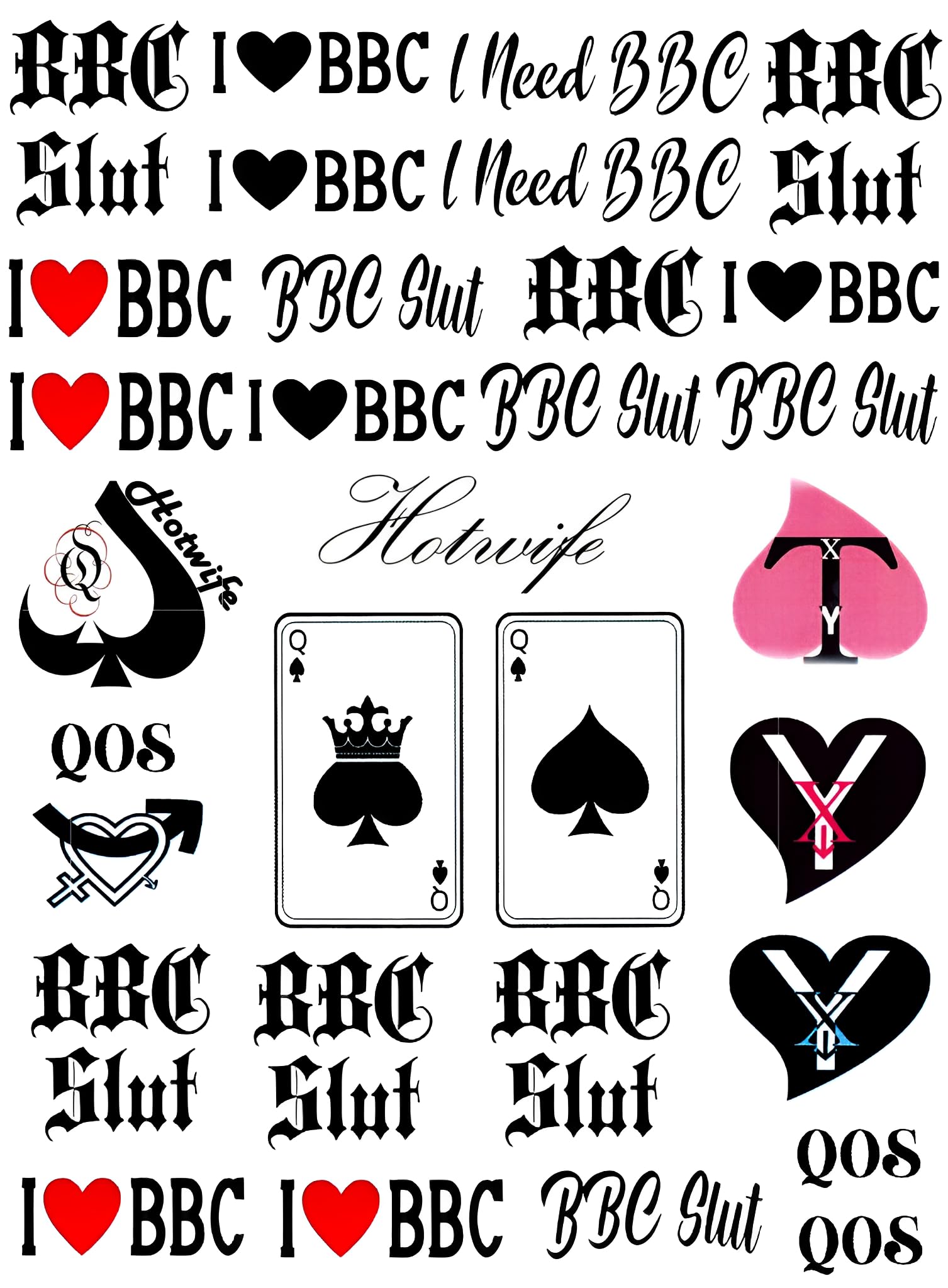 4 Sheets BBC Queen of Spades Temporary Tattoo Sticker Total 81(15X21cm) QoS Hardcore Words Phrases