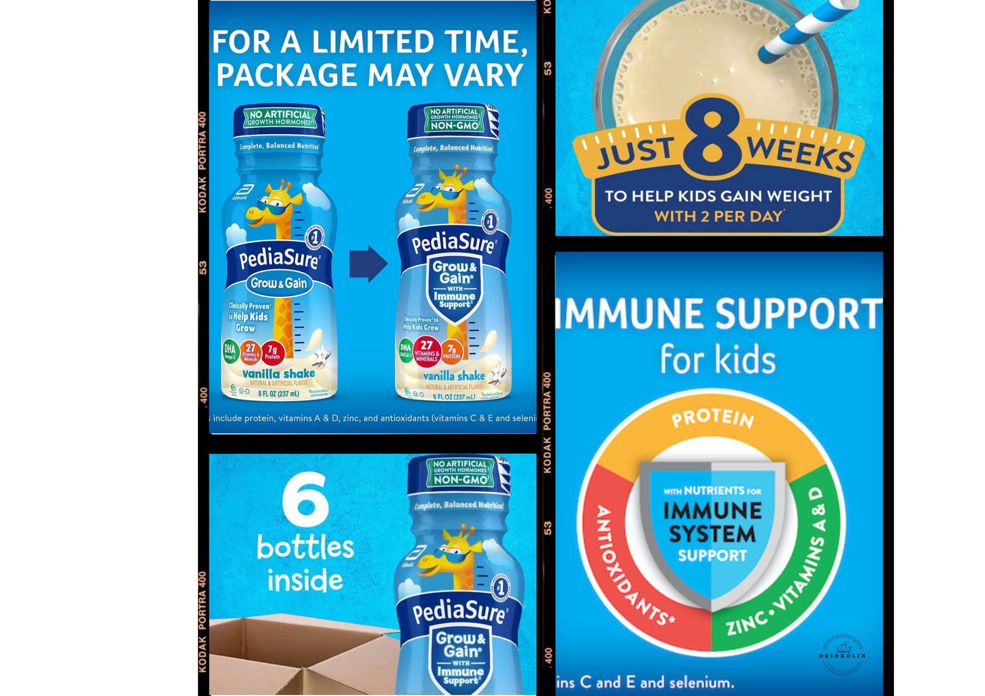 PediaSure Immune Support Kids Protein Shake Grow & Gain Vanilla Flavors, 8 Fl Oz 8 Pack, by Drinkolin