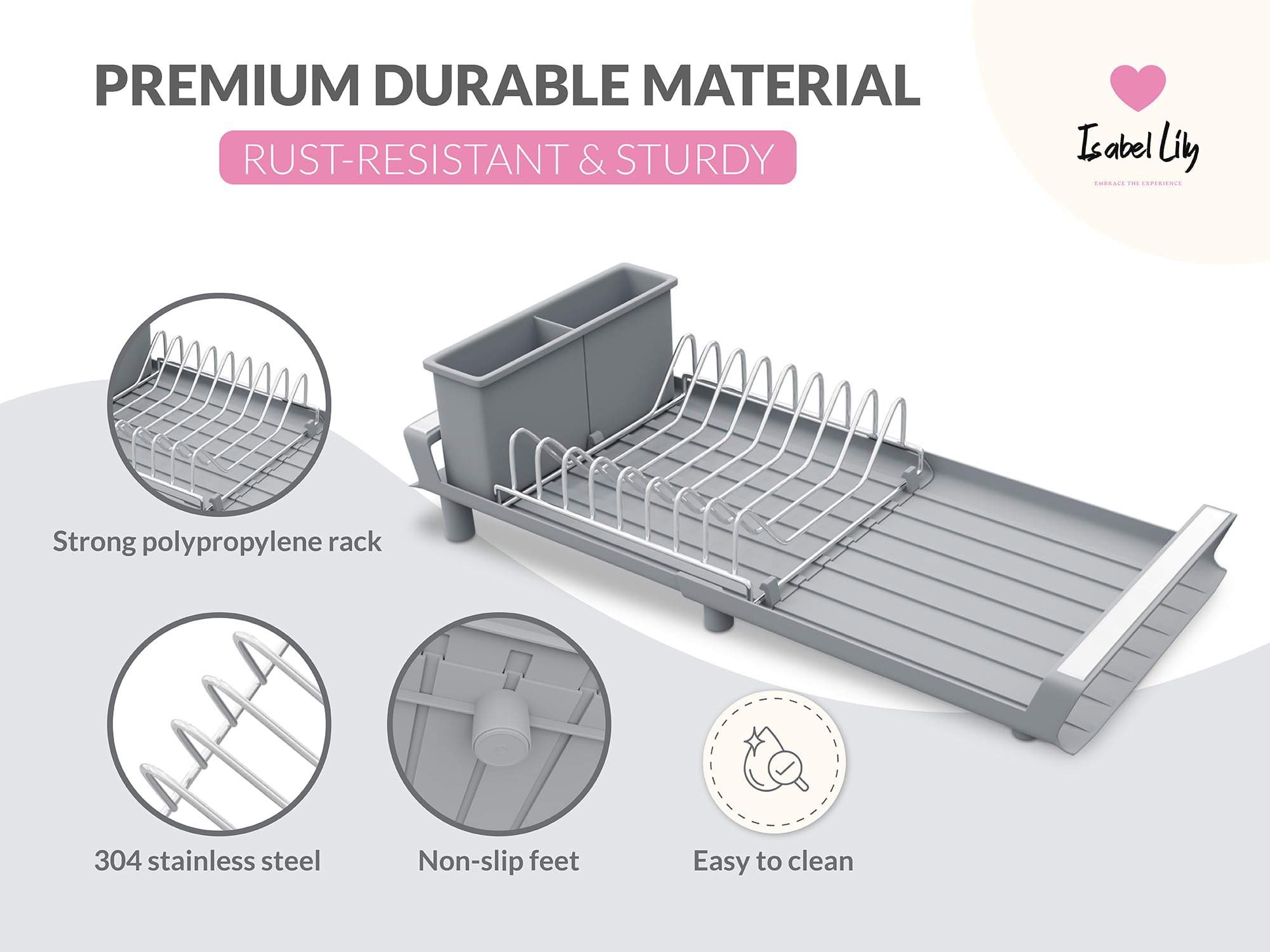 Isabel Lily Dish Drying Rack - Space-Saving Kitchen Organizer with Drainboard & Detachable Utensil Holder - Rust-Proof Stainless Dish Washer Dryer Rack