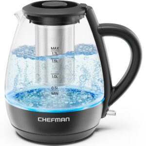 chefman electric kettle with tea infuser, 1.7l 1500w, removable lid for easy cleaning, boil-dry protection, stainless steel filter, bpa free, auto shut off hot water boiler, glass electric tea kettle
