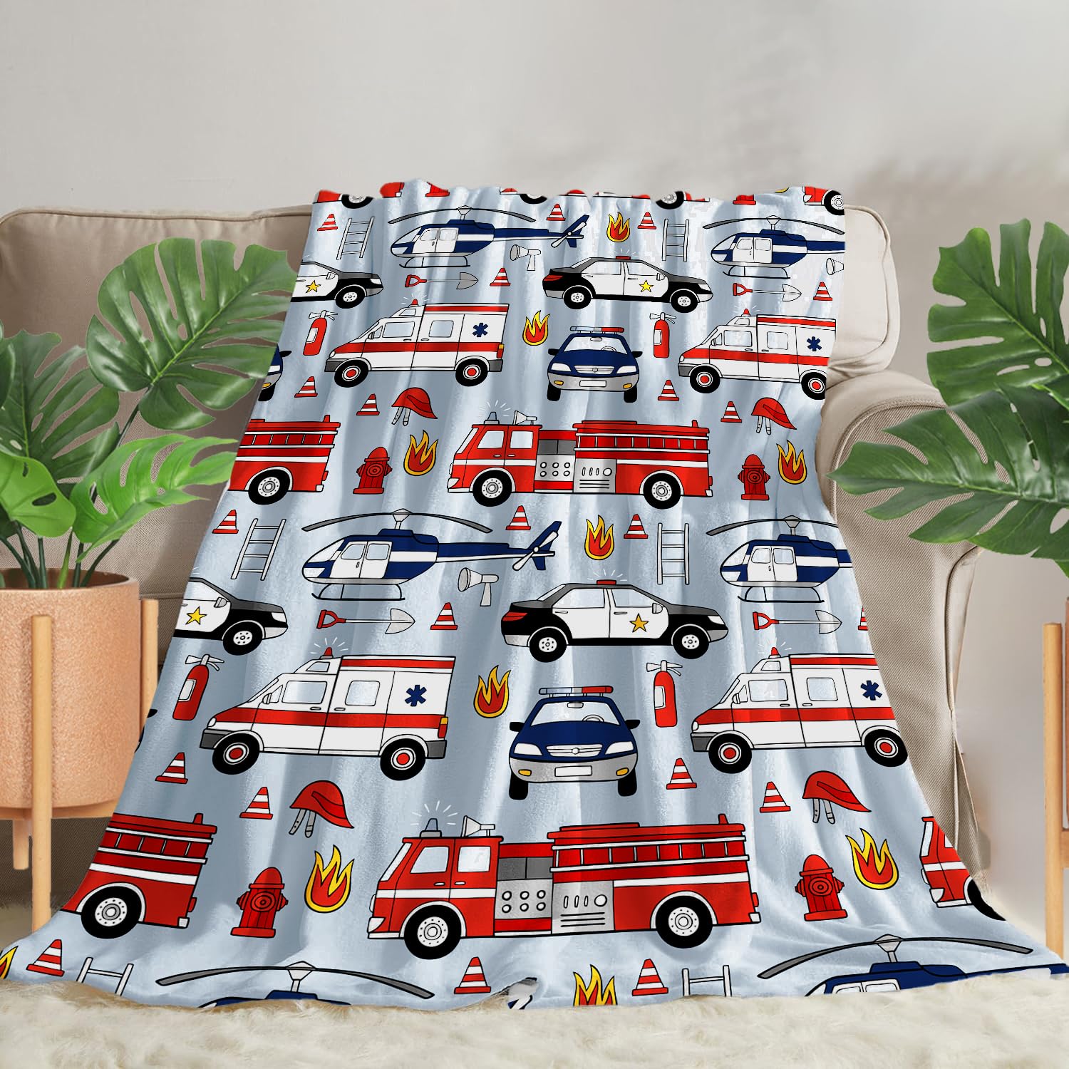 Fire Truck Toddler Bed Blanket, Firefighter Blanket for Boys Kids, Truck Blanket for Kids, Soft Warm Cozy Fleece Throw Blankets Gifts 40x50 Inch