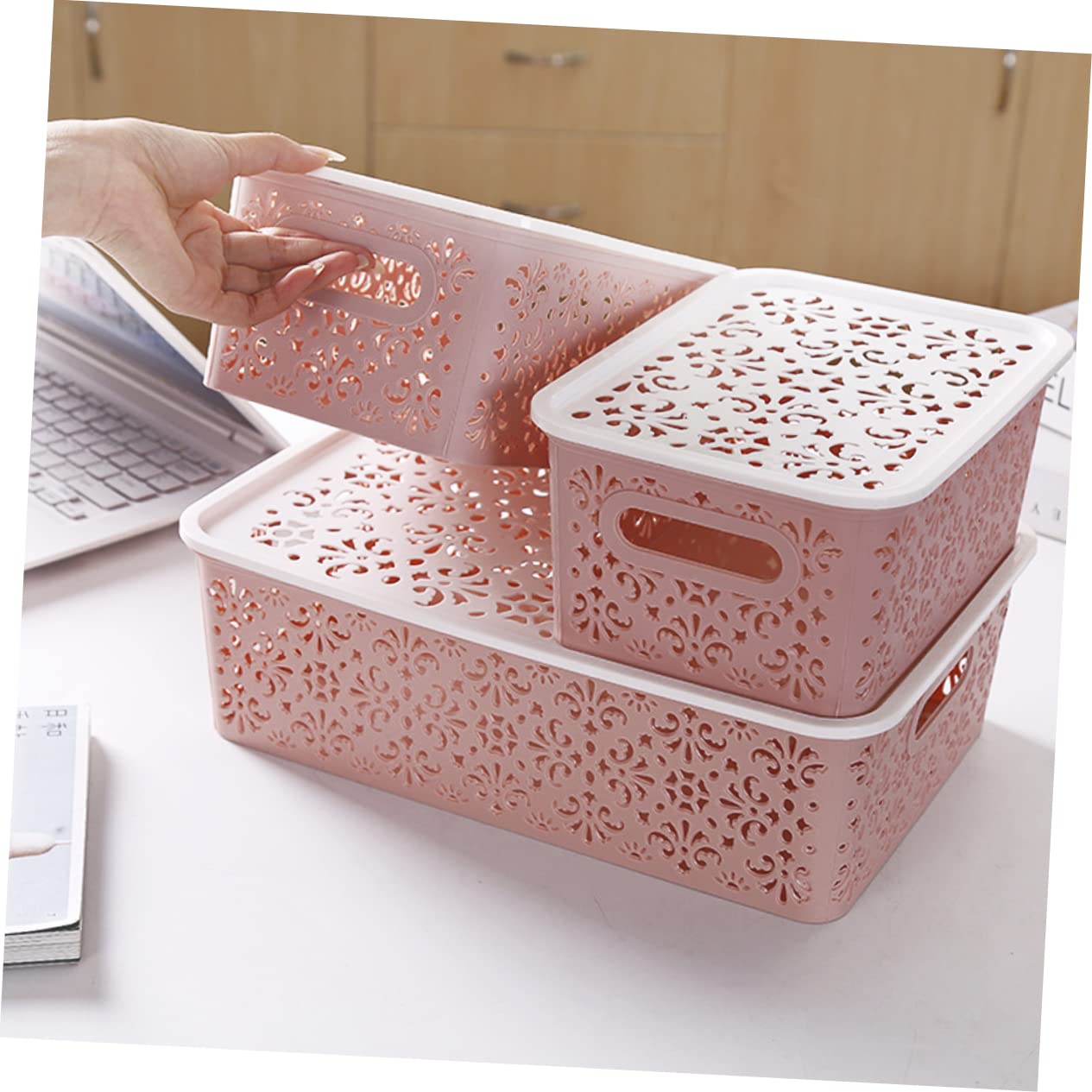 NOLITOY Box Wicker Storage Basket Closet Storage Bins Desktop Storage Basket Laundry Hamper Organization Baskets Drawer Organizer Drawers for Clothes Stackable Drawers Container Hollow