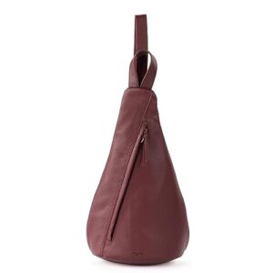 the sak geo sling backpack in leather, single backpack strap, cinnamon