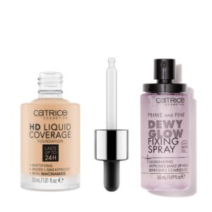 catrice | hd foundation 08 & prime & fine dewy glow spray bundle | full coverage makeup | vegan & cruelty free