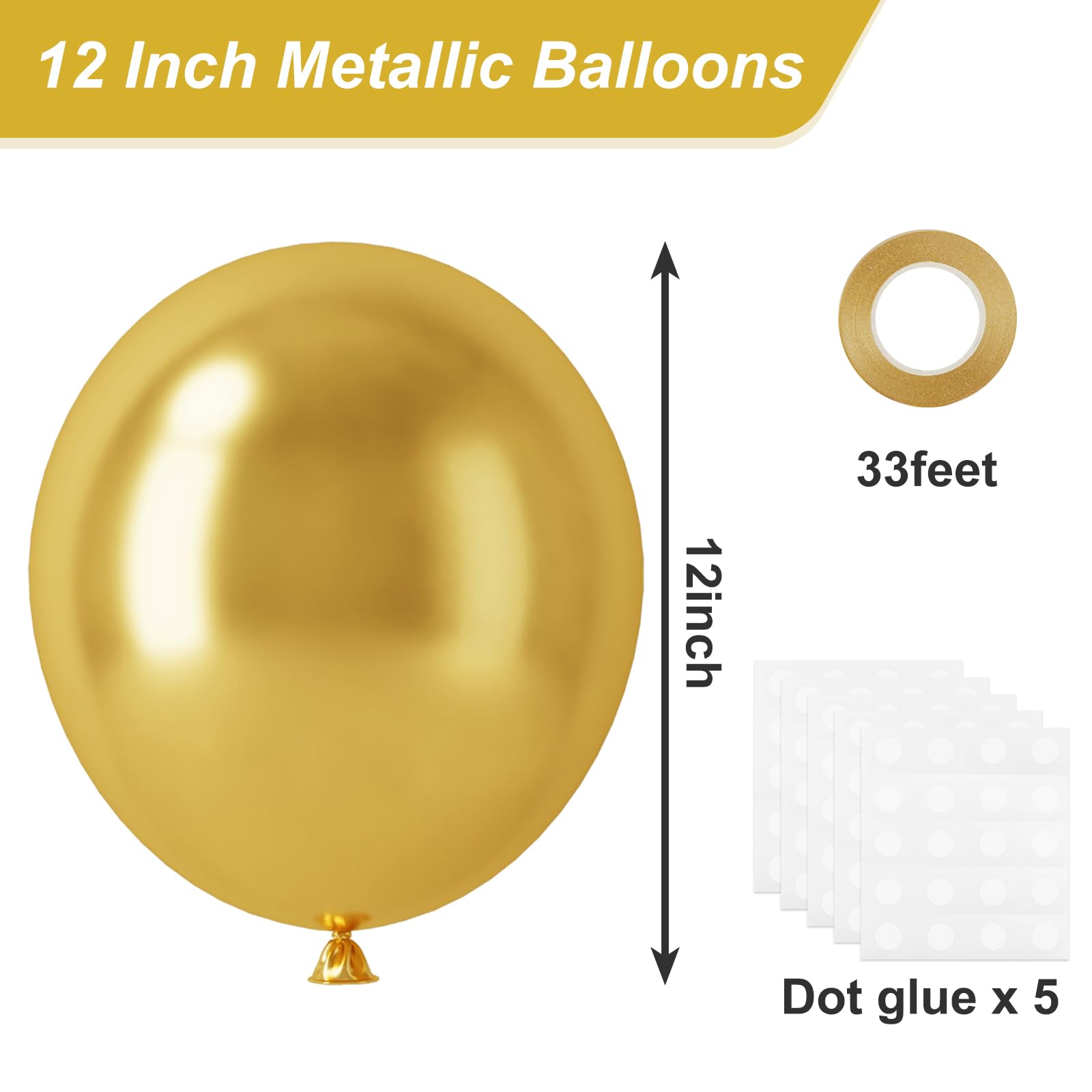 RUBFAC 120pcs Gold Balloons 12 Inches Chrome Metallic Balloons, Metallic Gold Balloons for Graduation Anniversary Wedding Party Supplies Garland Arch Decoration