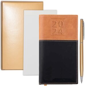 2024 weekly pocket calendar organizer with gold trim business pen | white notepad for notetaking - plus gift box | year small purse size soft leather cover 6 x 3.5 black & tan agenda planner (2024)