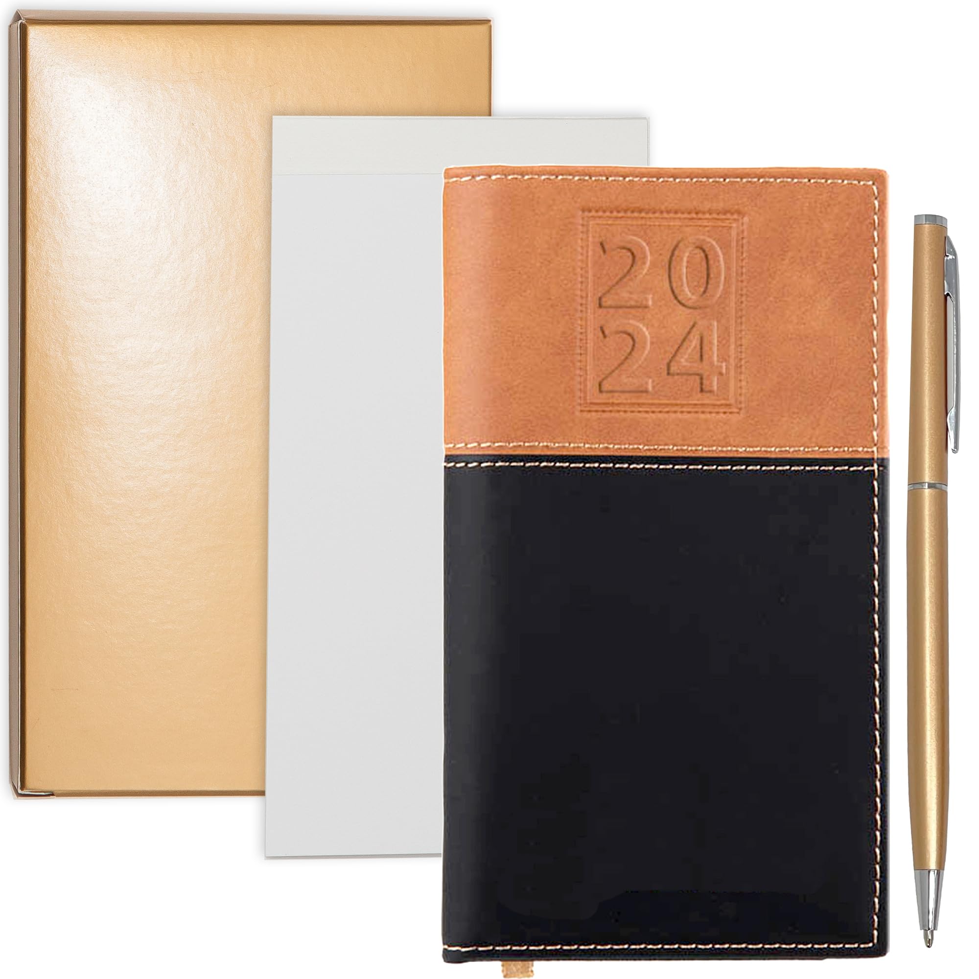 2024 Weekly Pocket Calendar Organizer With Gold Trim Business Pen | White Notepad For Notetaking - Plus Gift Box | Year Small Purse Size Soft Leather Cover 6 X 3.5 Black & Tan Agenda Planner (2024)