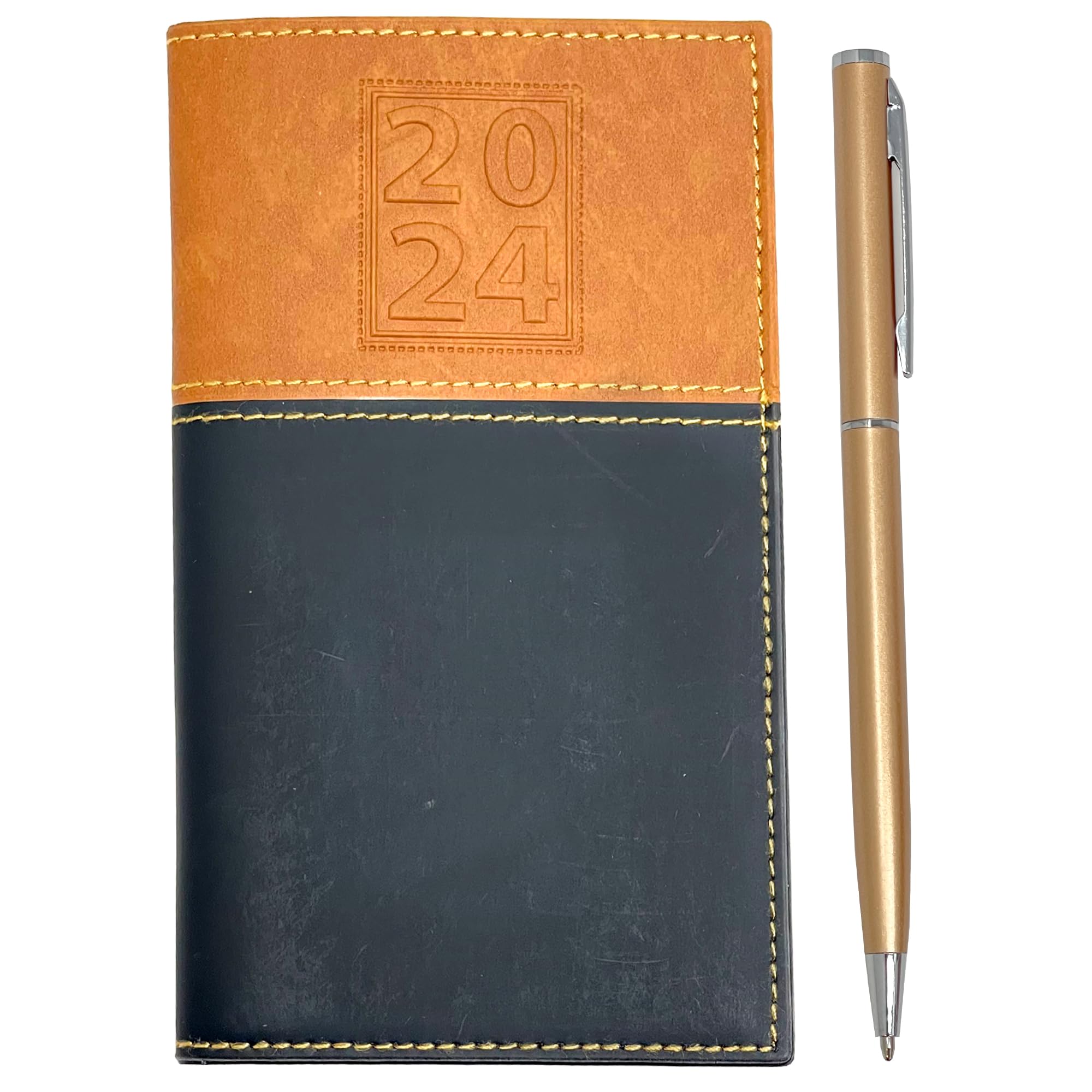 2024 Weekly Pocket Calendar Organizer With Gold Trim Business Pen | White Notepad For Notetaking - Plus Gift Box | Year Small Purse Size Soft Leather Cover 6 X 3.5 Black & Tan Agenda Planner (2024)