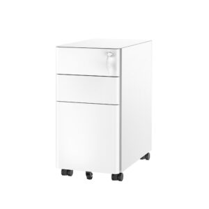 mount-it! mobile file pedestal, file cabinet with 3 drawers, slim design under desk storage for files, folders and office supplies, organizer cabinet with lock for home and office, white
