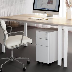 Mount-It! Mobile File Pedestal, File Cabinet with 3 Drawers, Slim Design Under Desk Storage for Files, Folders and Office Supplies, Organizer Cabinet with Lock for Home and Office, White