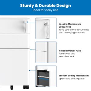 Mount-It! Mobile File Pedestal, File Cabinet with 3 Drawers, Slim Design Under Desk Storage for Files, Folders and Office Supplies, Organizer Cabinet with Lock for Home and Office, White