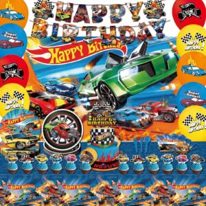 htwhvt 122 pcs hot car birthday party supplies,included banner,backdrop,tablecloth,cake topper,cupcake toppers,balloon,racing car tableware set for boy and girl wheel party decorations