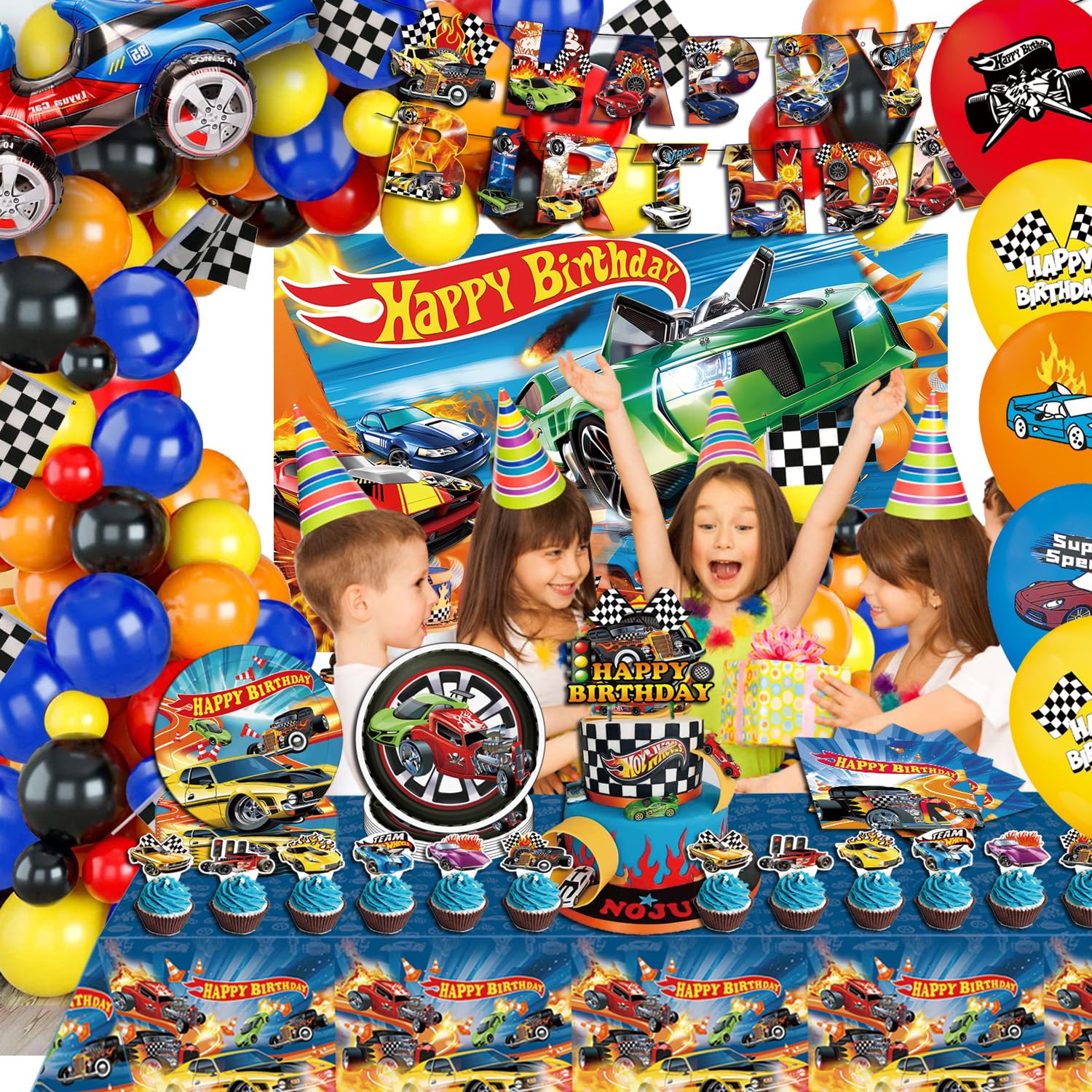 htwhvt 122 Pcs Hot Car Birthday Party Supplies,Included Banner,Backdrop,Tablecloth,Cake Topper,Cupcake Toppers,Balloon,Racing Car Tableware Set for Boy and Girl Wheel Party Decorations