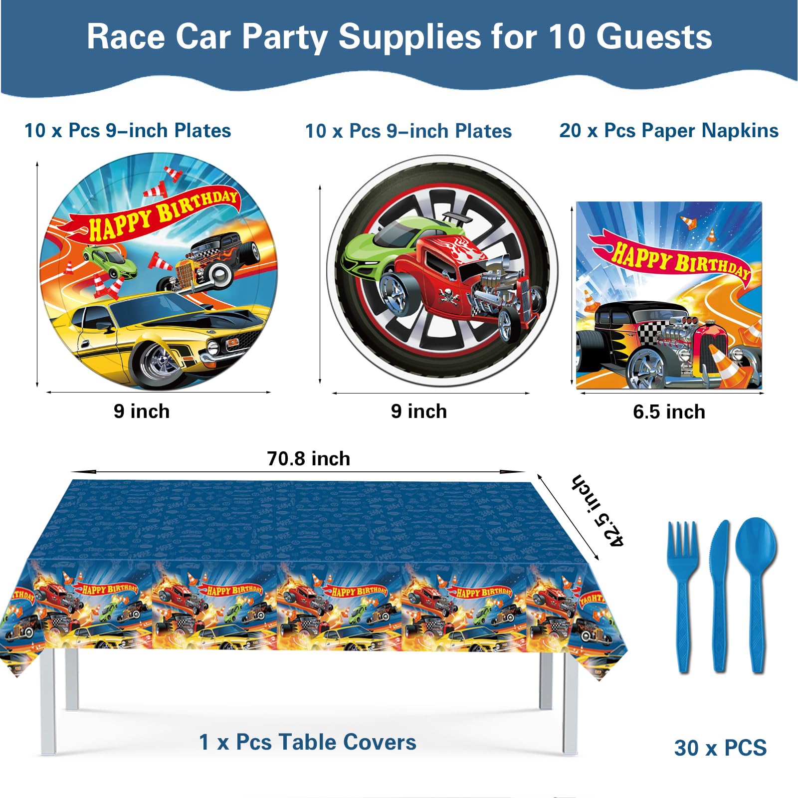 htwhvt 122 Pcs Hot Car Birthday Party Supplies,Included Banner,Backdrop,Tablecloth,Cake Topper,Cupcake Toppers,Balloon,Racing Car Tableware Set for Boy and Girl Wheel Party Decorations