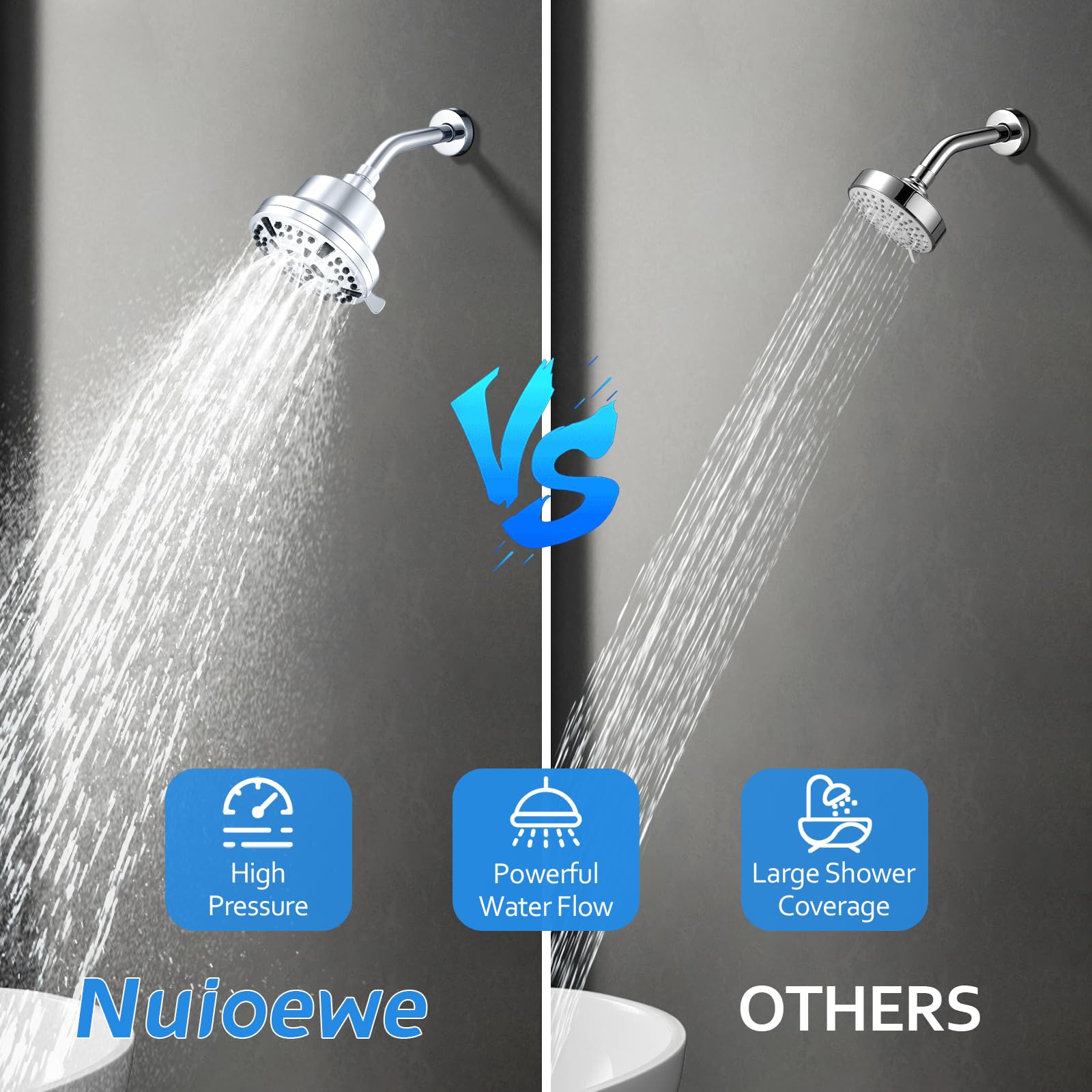 Nuioewe Shower Head, 5.7" Fixed High-Pressure Filtered Shower Heads, 8 Modes, 360°Adjusted, Tool-Free Install, Shower Filter for Hard Water, Remove Harmful & Chlorine, Relaxed Shower (Luxury Chrome)