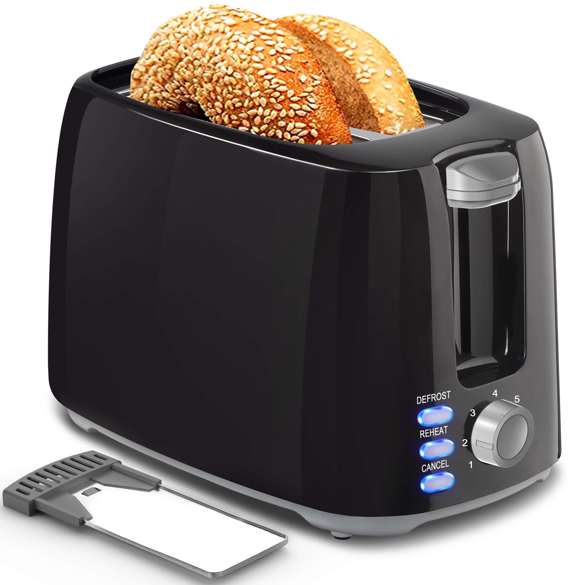 2 Slice Black Toaster with Wide Slots, Bagel Function, 7 Shade Settings, Removable Crumb Tray - Compact Prime Rated Toaster for Bread, Waffles