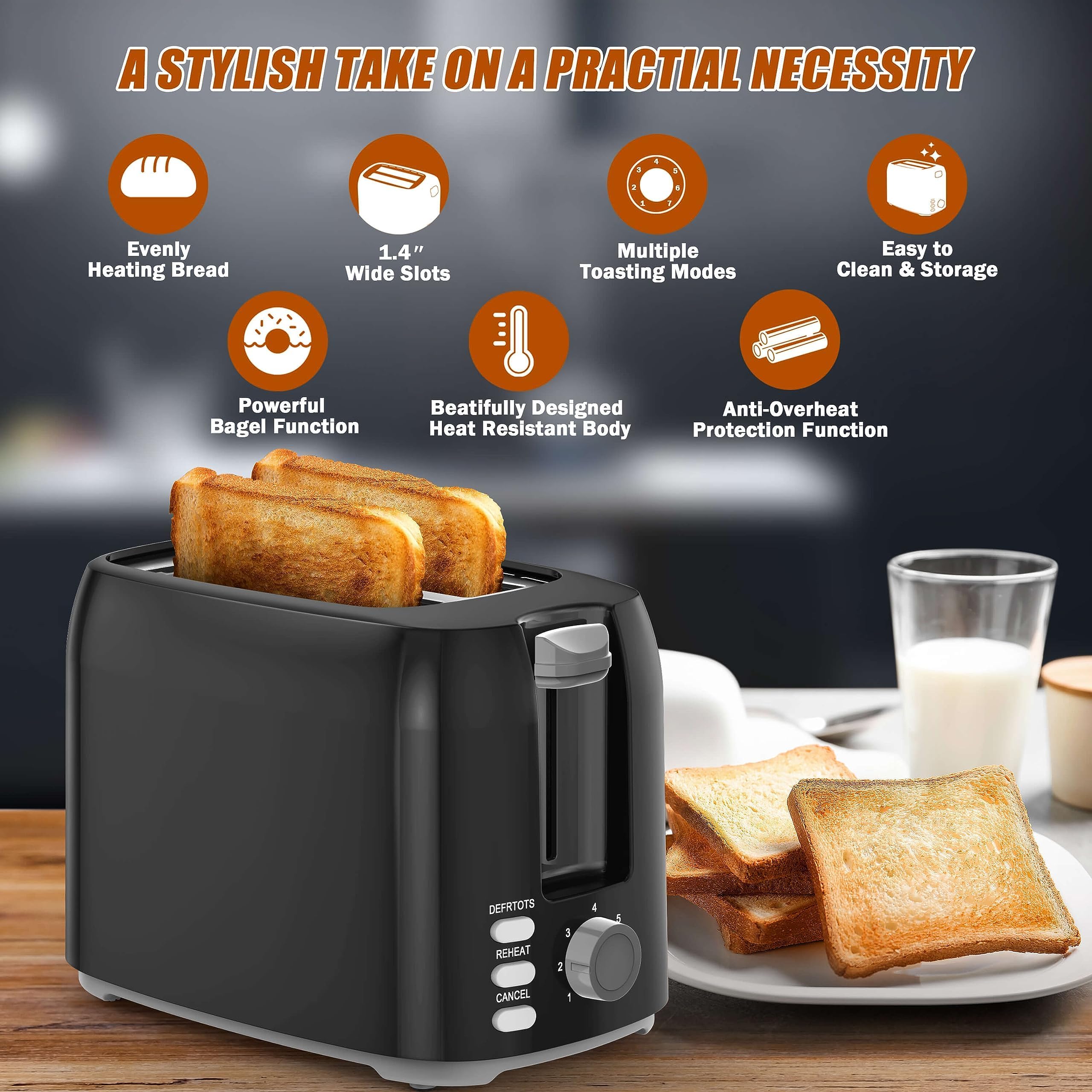 2 Slice Black Toaster with Wide Slots, Bagel Function, 7 Shade Settings, Removable Crumb Tray - Compact Prime Rated Toaster for Bread, Waffles