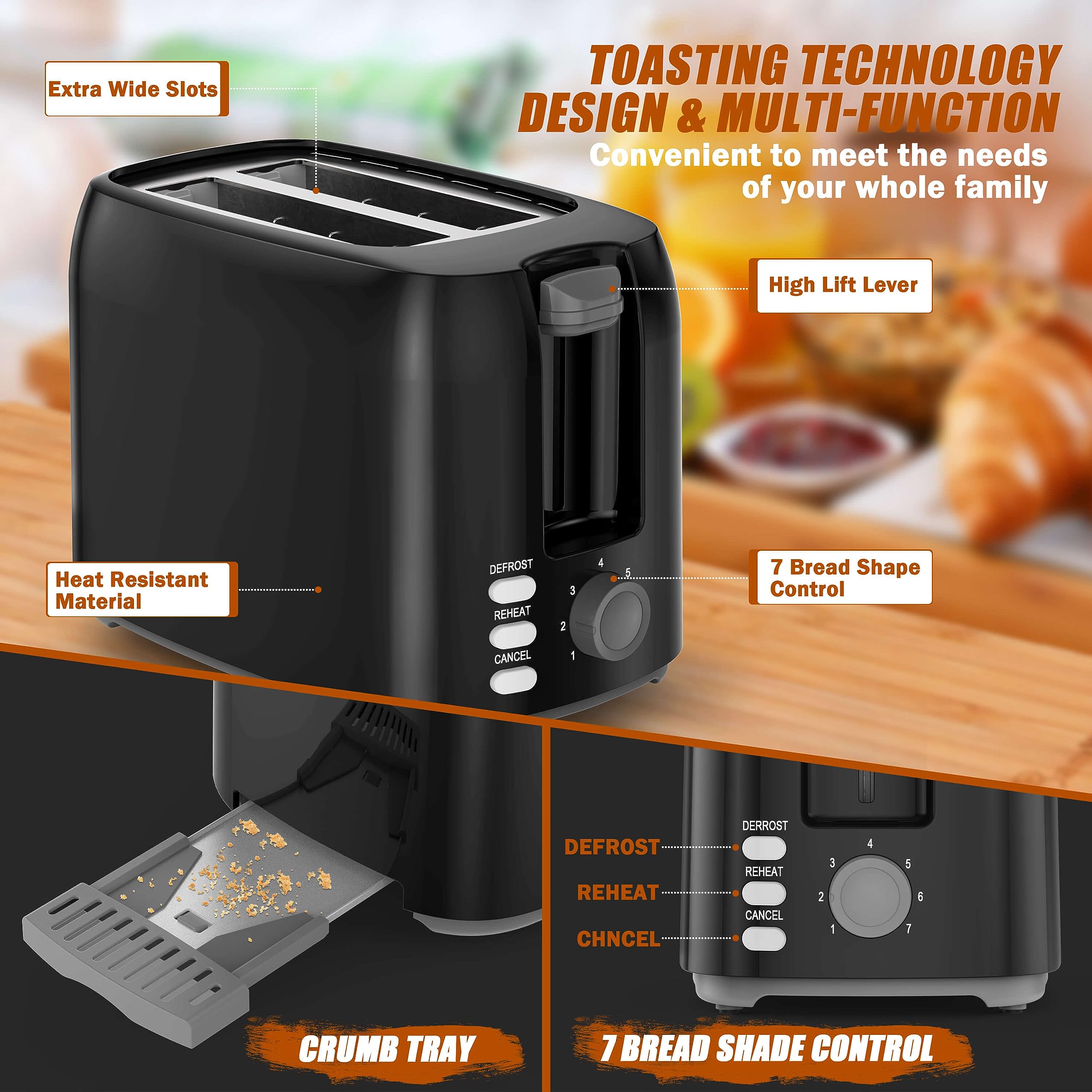 2 Slice Black Toaster with Wide Slots, Bagel Function, 7 Shade Settings, Removable Crumb Tray - Compact Prime Rated Toaster for Bread, Waffles