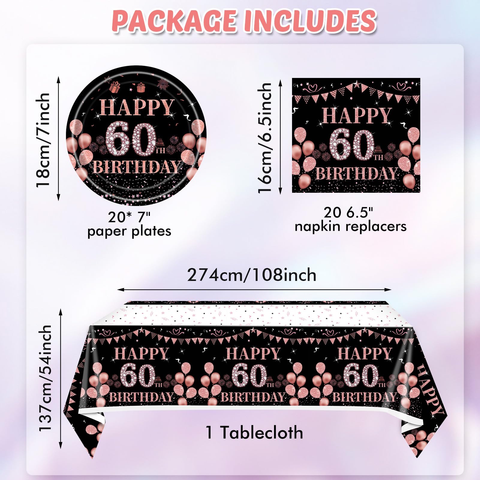 41PCS 60th Birthday Decorations for Women 60 years brithday party tableware set Plates Napkins tablecloth Vintage 1964 Party Supply Black And Rose Gold For Women