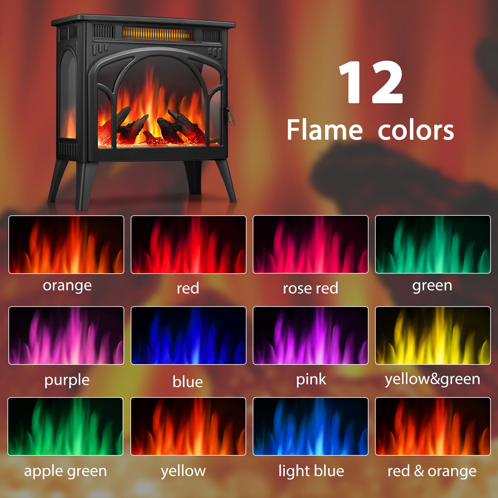 Electric Fireplace Heater Portable Electric Fireplace Stove Heater Indoor,12 Flame Colors,12 Flame Bed Colors,5 Flame Brightness,5 Flame Speeds,Control The Temperature