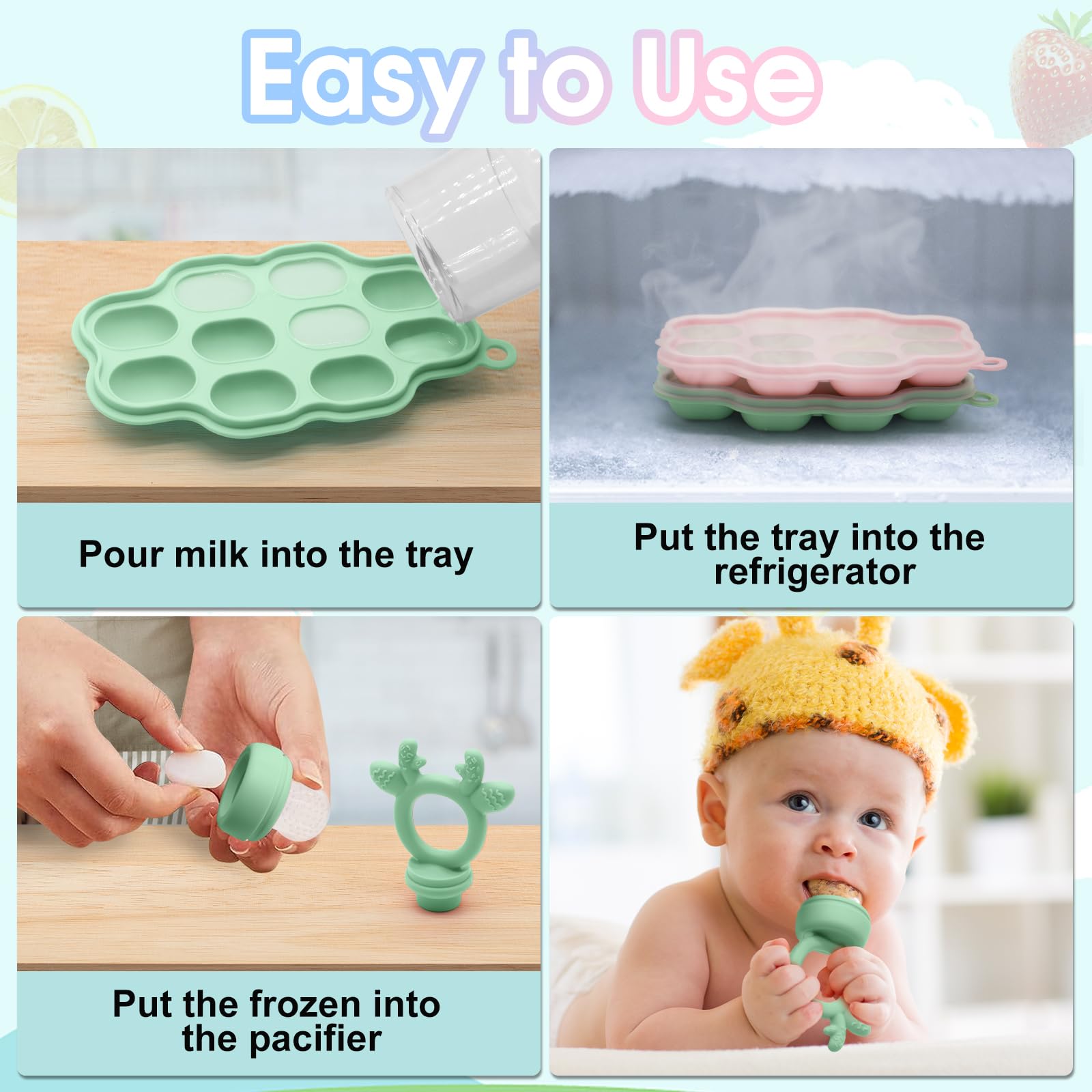 2 Sets Silicone Breastmilk Popsicle Molds with Baby Food Feeder, BPA Free Fruit Feeder Pacifier with Frozen Ice Tray for Baby Feeding Safely, Infant Fruit Teething Toy for Baby Boy Girl Gifts (Green)