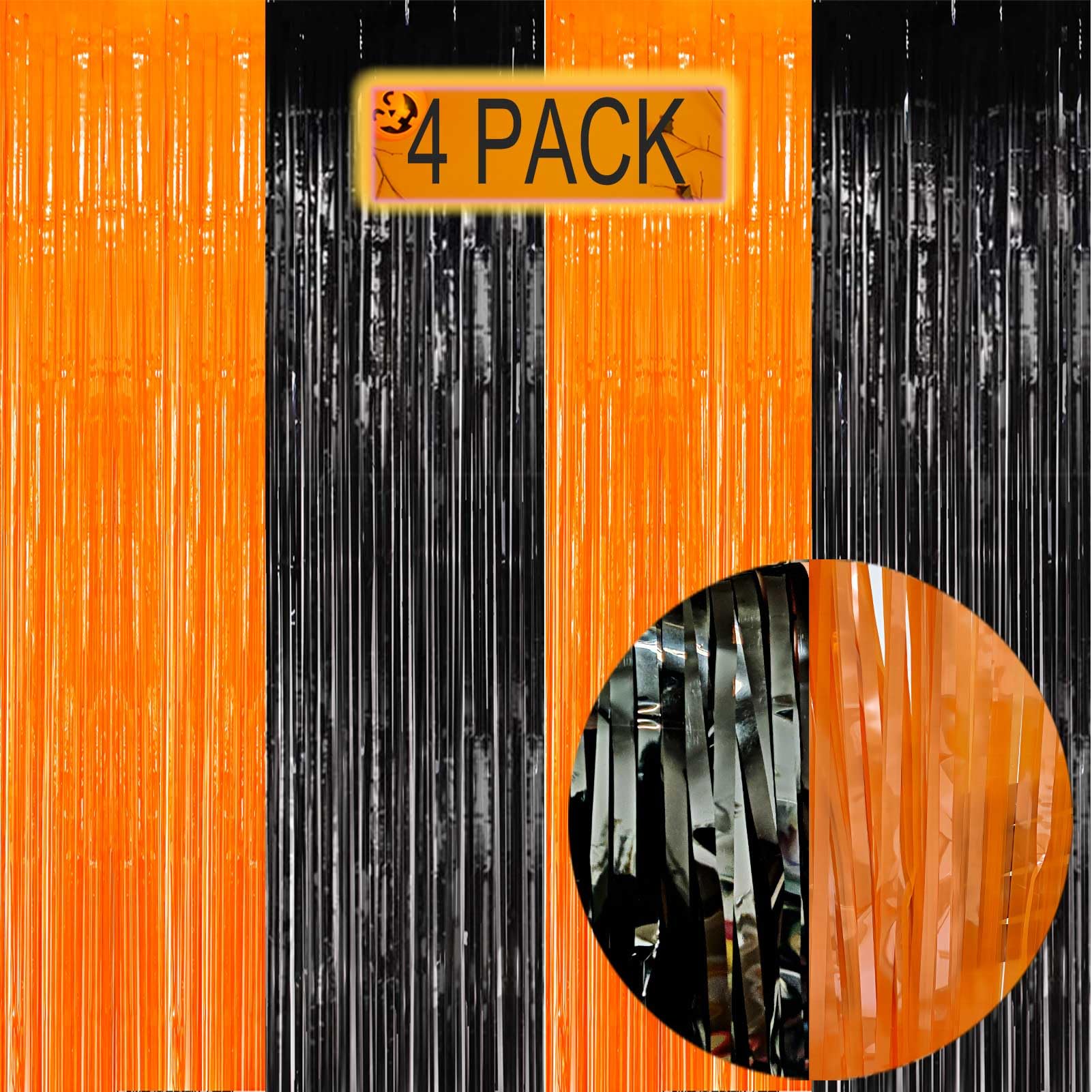 EUFARS Foil Fringe Curtains-4 Pack of 3.2x8.2ft Orange Black Foil Fringe Curtains for Birthday Halloween Photo Backdrop Party Decorations, Orange and Black Party Streamers for Photo Booth Props