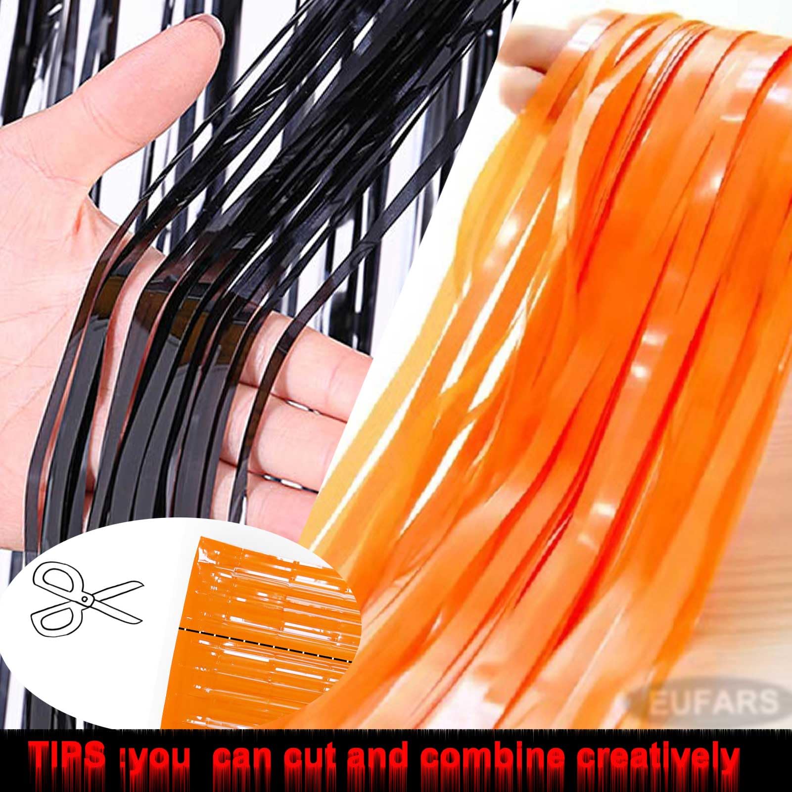 EUFARS Foil Fringe Curtains-4 Pack of 3.2x8.2ft Orange Black Foil Fringe Curtains for Birthday Halloween Photo Backdrop Party Decorations, Orange and Black Party Streamers for Photo Booth Props