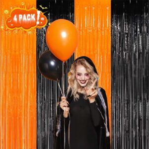 EUFARS Foil Fringe Curtains-4 Pack of 3.2x8.2ft Orange Black Foil Fringe Curtains for Birthday Halloween Photo Backdrop Party Decorations, Orange and Black Party Streamers for Photo Booth Props