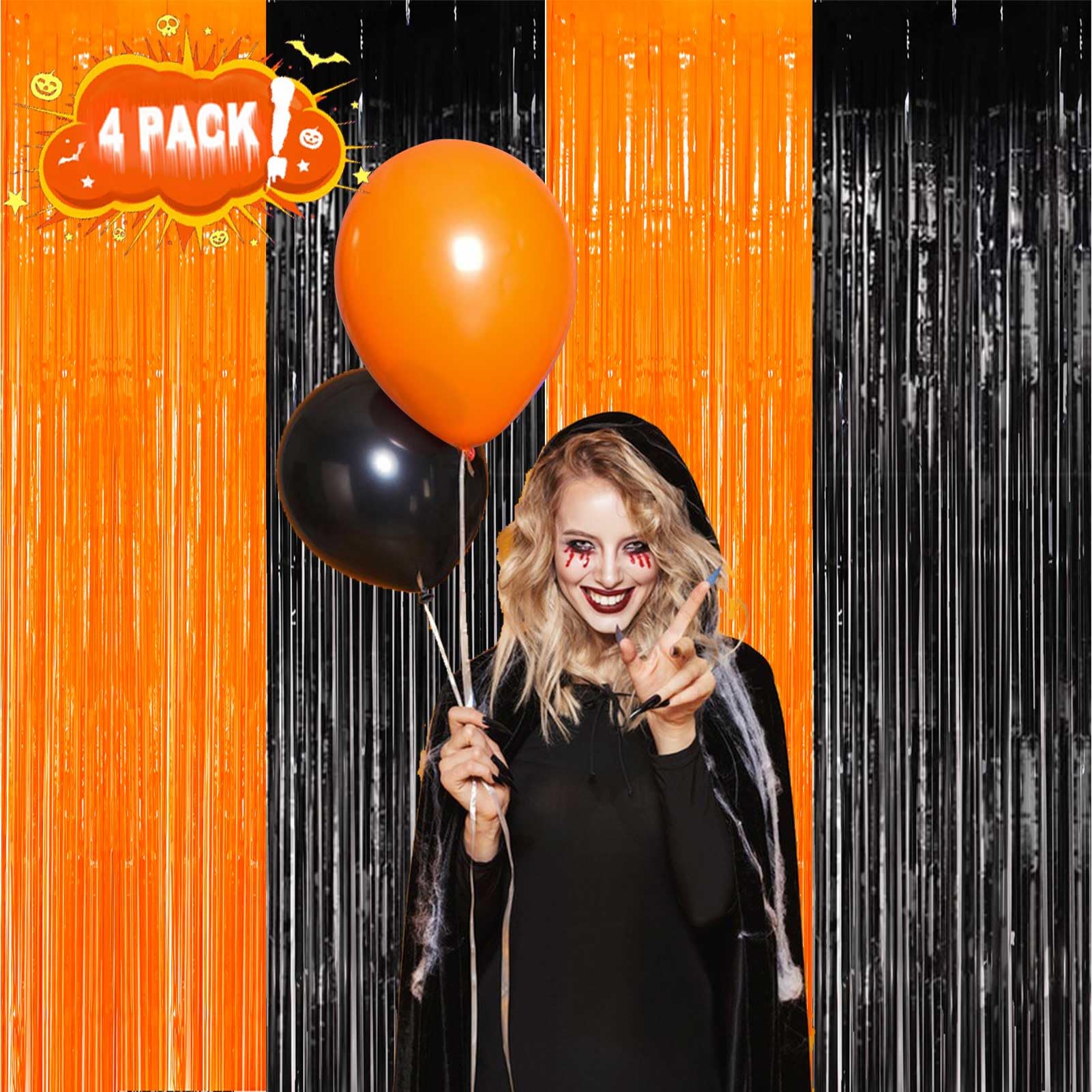 EUFARS Foil Fringe Curtains-4 Pack of 3.2x8.2ft Orange Black Foil Fringe Curtains for Birthday Halloween Photo Backdrop Party Decorations, Orange and Black Party Streamers for Photo Booth Props